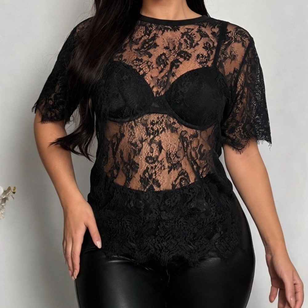 Paper + Tee Womens 3X Black Sheer Floral Lace Short Sleeve Eyelash Trim Top